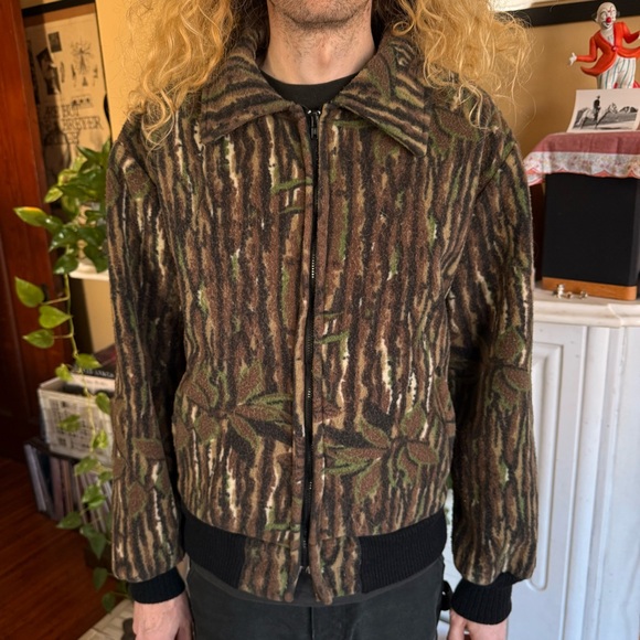 Vintage Other - Vintage 80s Tree Bark Camo Fleece Zip Up Jacket Malden Polartuff ~ Size XL